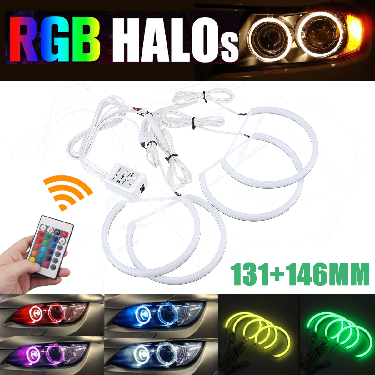 4PCS 131mm+146mm Multi-Color RGB LED Angel Eyes Halo Ring Lights Headlights with Remote Control For BMW E46 E90